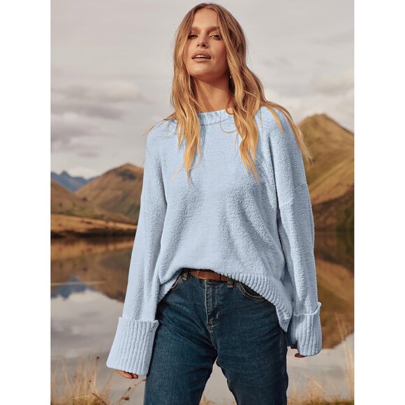 Women's Oversized Sweater Fuzzy Light Blue Long Sleeve Casual Chunky Pullover - Picture 6 of 9